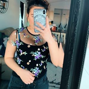 black mesh embroidered floral top